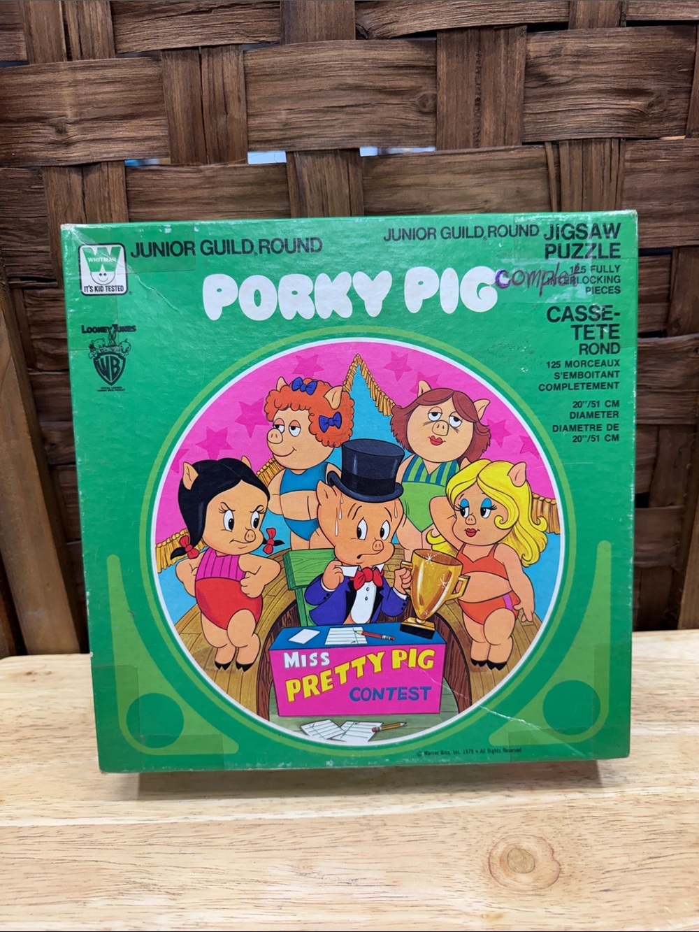 1979 Vintage Porky Pig Junior Guild Round Jigsaw Puzzle (Miss Pretty Pig)